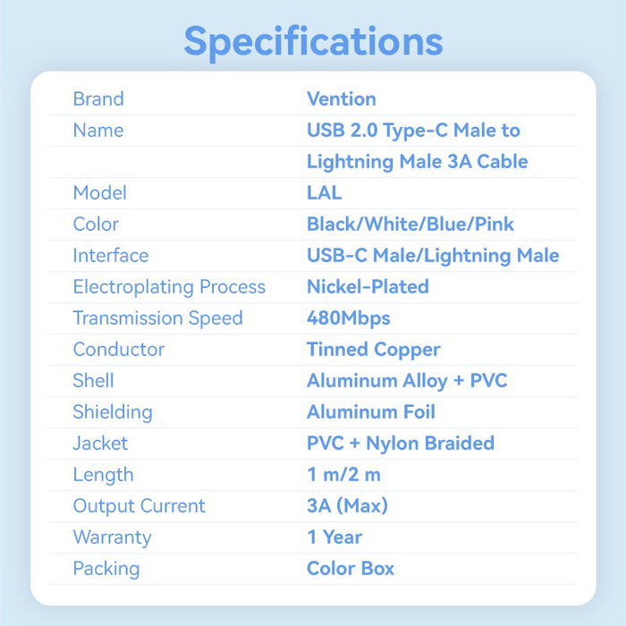 Vention Cable USB-C a Lightning LALWF, 27W, 1m, Blanco